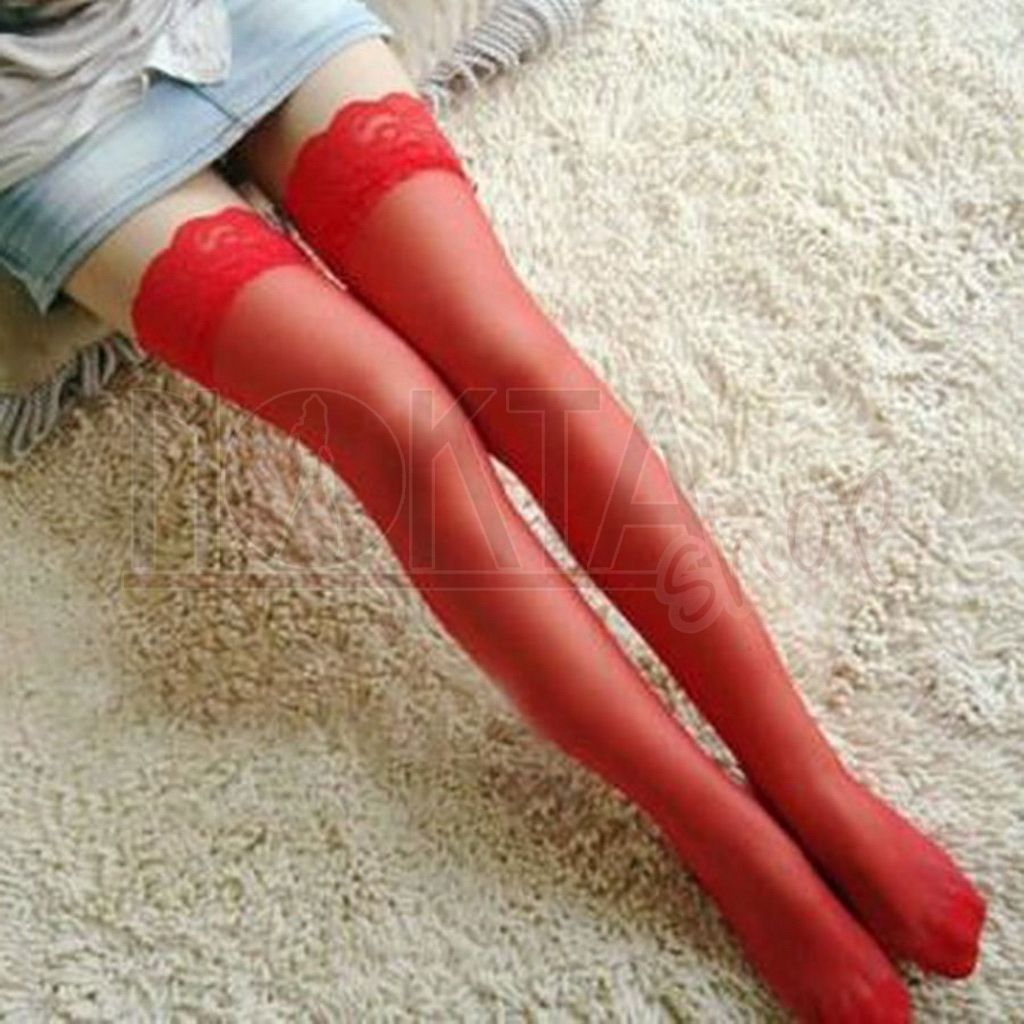 Düz silikonlu dantelli kırmızı jartiyer çorabı